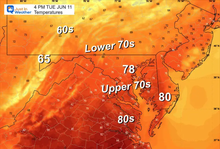 June 11 weather forecast temperatures Tuesday afternoon