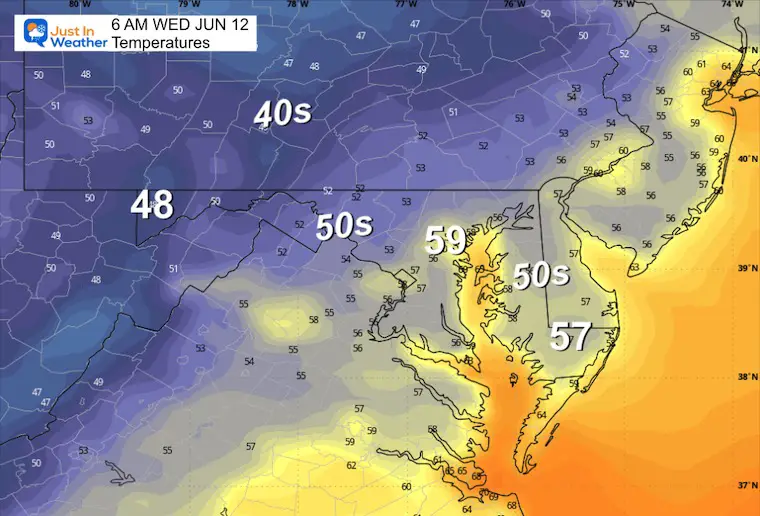 June 11 weather forecast temperatures Wednesday morning