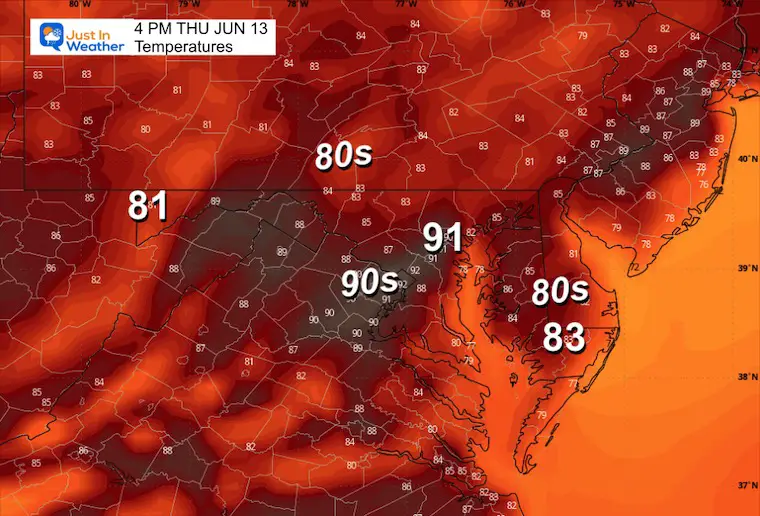 June 12 weather forecast temperatures Thursday afternoon 