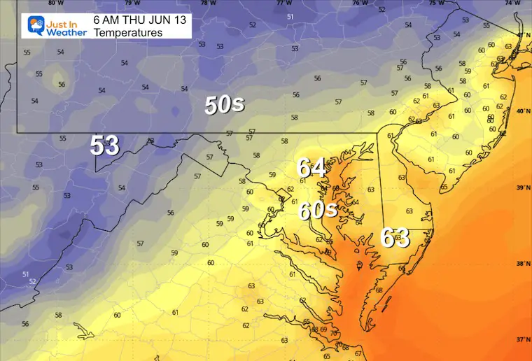 June 12 weather forecast temperatures Thursday morning