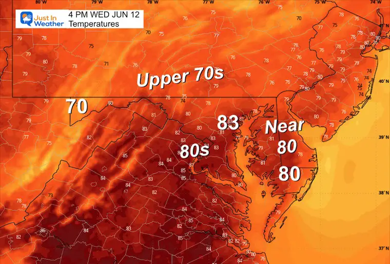 June 12 weather forecast temperatures Wednesday afternoon 