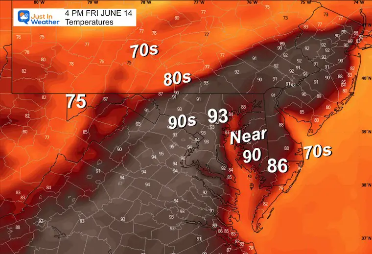 June 13 weather forecast temperatures Friday afternoon