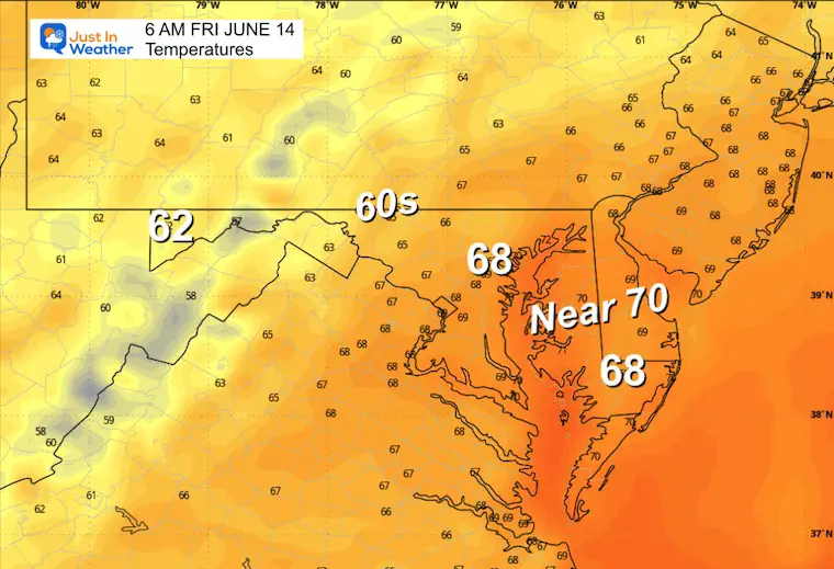 June 13 weather forecast temperatures Thursday morning