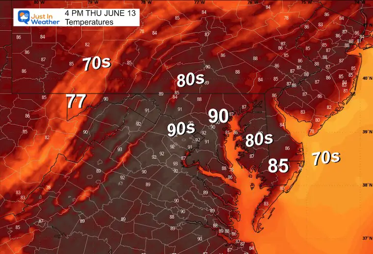 June 13 weather forecast temperatures Thursday afternoon