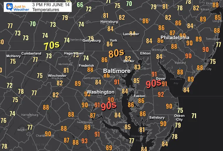 June 14 weather temperatures Friday 3 PM