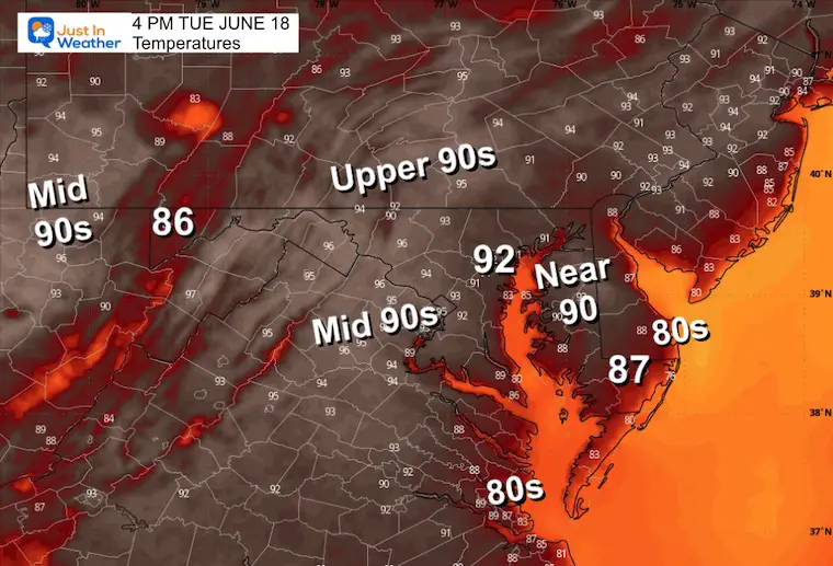 June 18 weather temperatures Tuesday afternoon