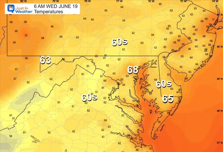 June 18 weather forecast temperatures Wednesday morning