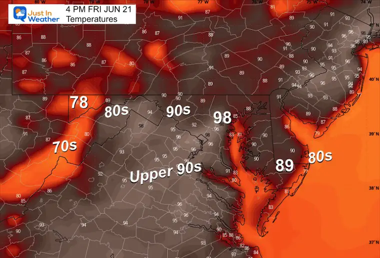 June 20 weather forecast temperatures Friday afternoon