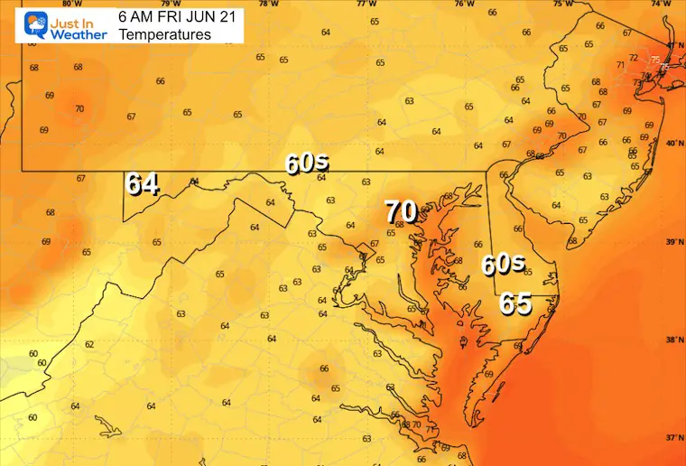 June 20 weather forecast temperatures Friday morning