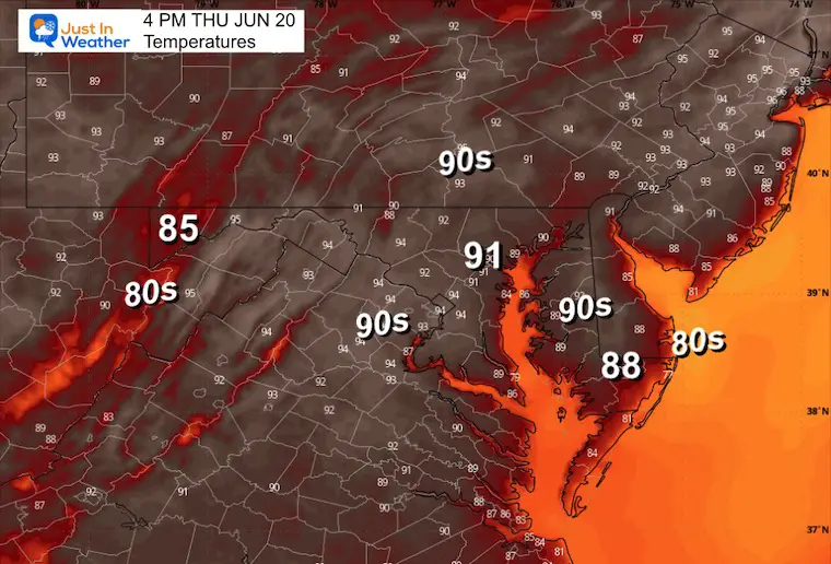 June 20 weather forecast temperatures Thursday afternoon