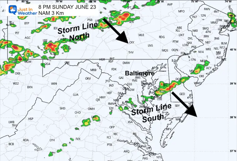 June 22 weather forecast storm radar Sunday evening 8 PM