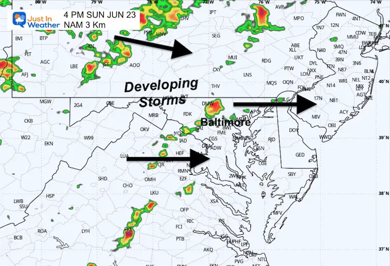 June 23 weather forecast storm radar Sunday afternoon