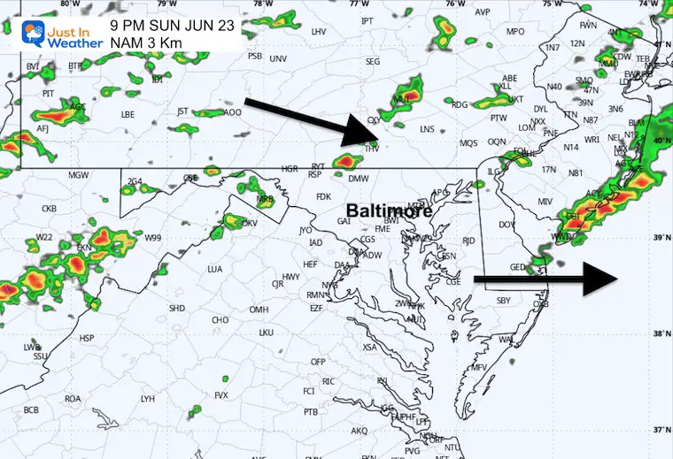June 23 weather forecast storm radar Sunday evening