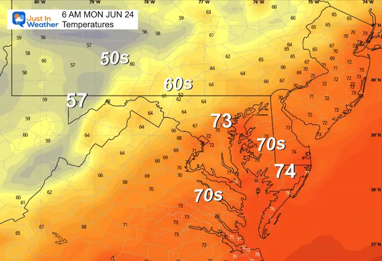 June 23 weather temperatures Monday Morning