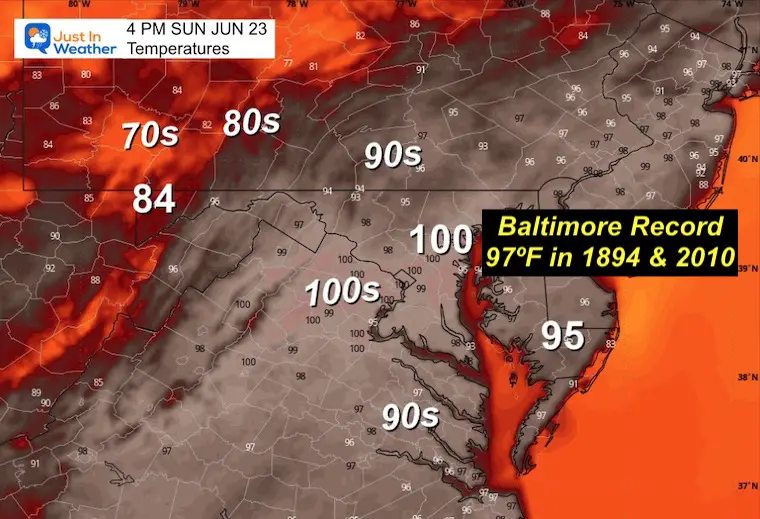 June 23 weather temperatures Sunday afternoon