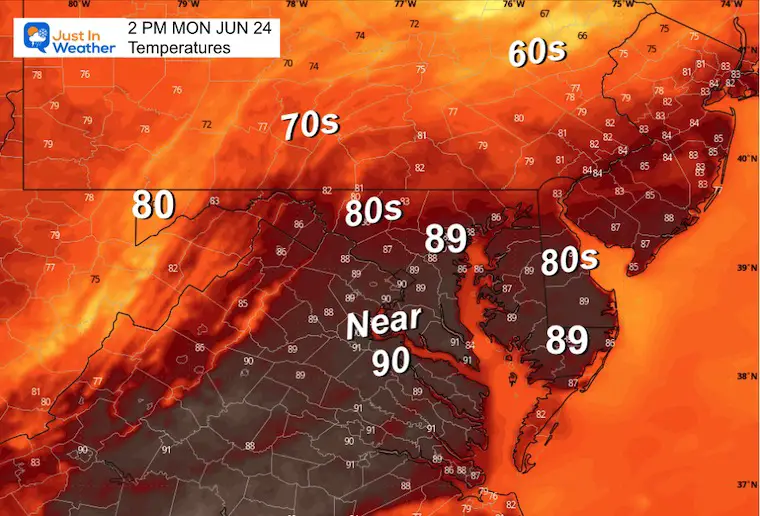 June 24 weather temperatures Monday afternoon 
