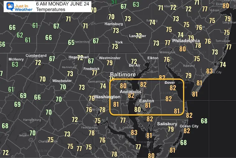 June 24 weather temperatures Monday morning