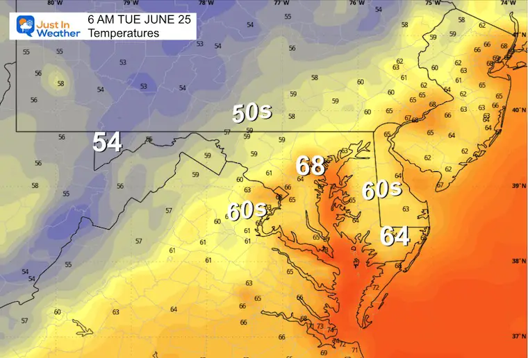 June 24 weather temperatures Tuesday morning