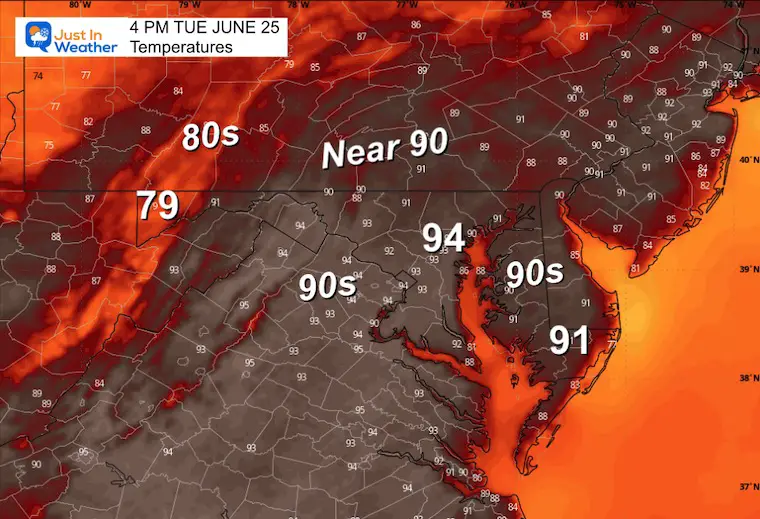 June 25 weather temperatures Tuesday afternoon