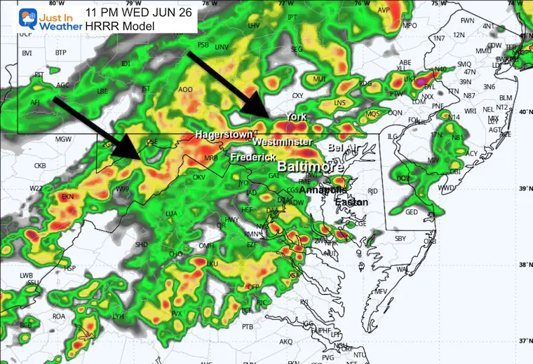 June 26 weather storm radar Wednesday HRRR 11 PM