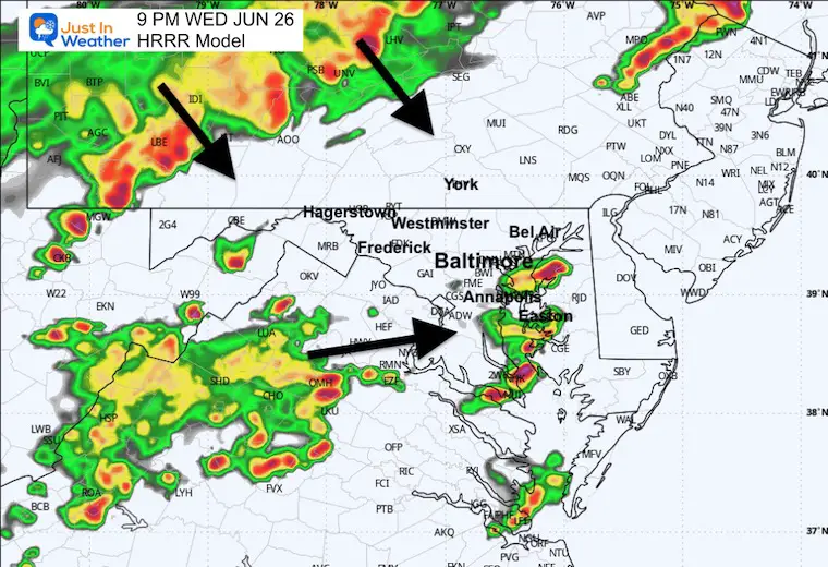 June 26 weather storm radar Wednesday HRRR 9 PM