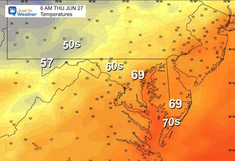 June 26 weather forecast temperatures Thursday Morning
