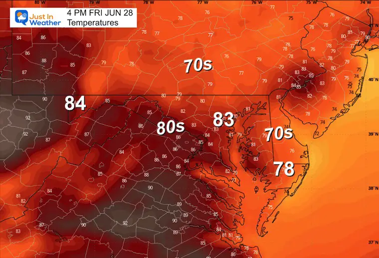 June 27 weather forecast temperatures Friday afternoon