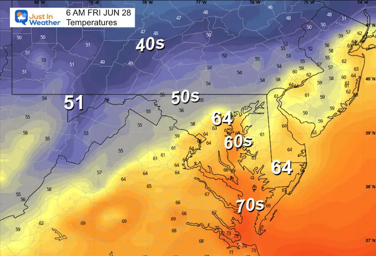 June 27 weather forecast temperatures Friday morning