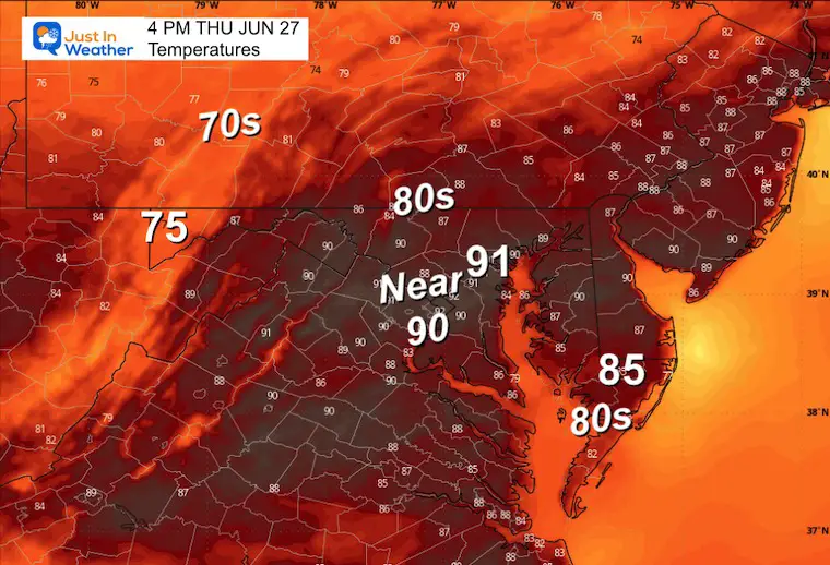 June 27 weather forecast temperatures Thursday afternoon