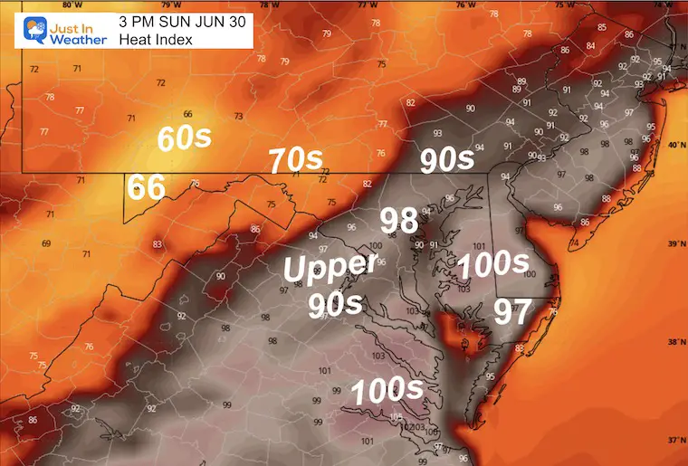 June 28 weather heat index Sunday afternoon