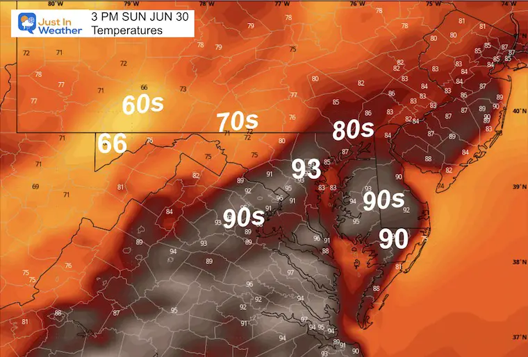 June 28 weather temperatures Sunday afternoon
