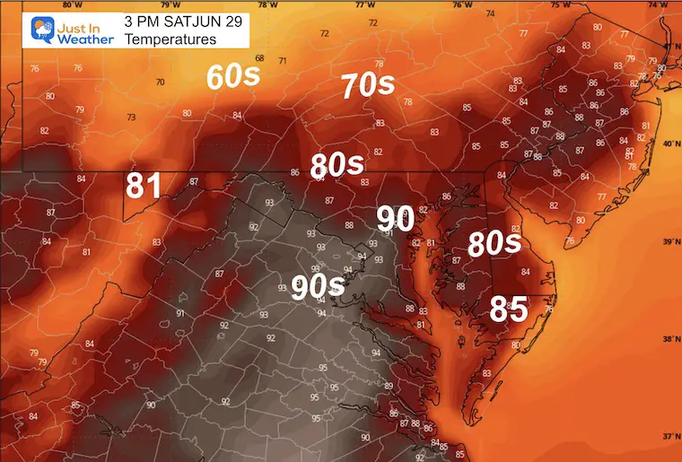 June 28 weather temperatures Saturday afternoon