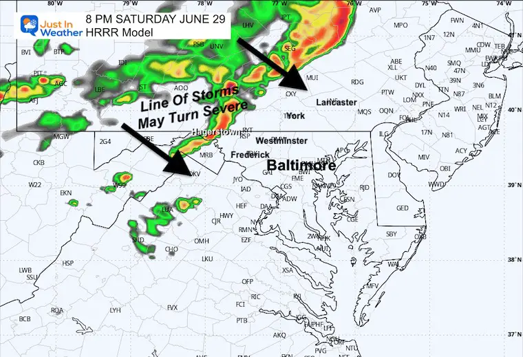 June 29 weather storm radar Saturday HRRR 8 PM