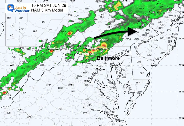 June 29 weather storm radar Saturday NAM evening 10 PM