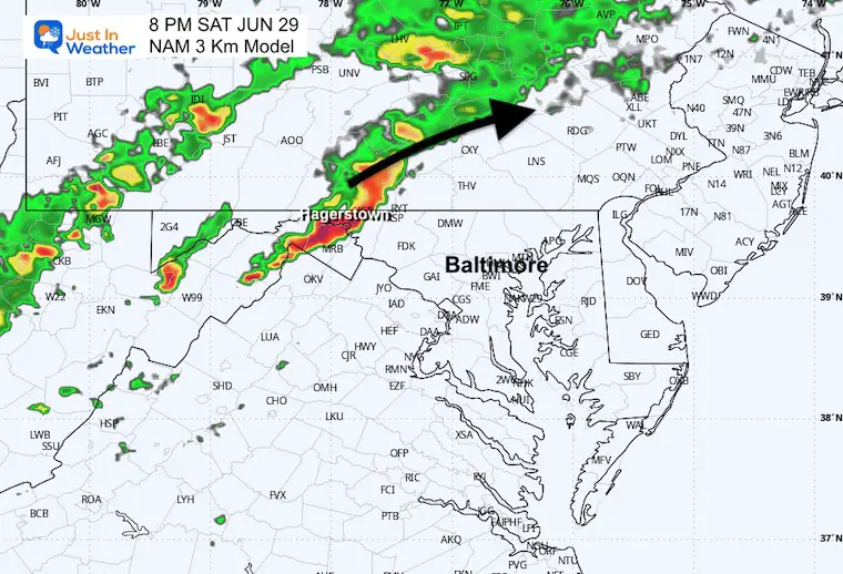 June 29 weather storm radar Saturday NAM evening 8 PM
