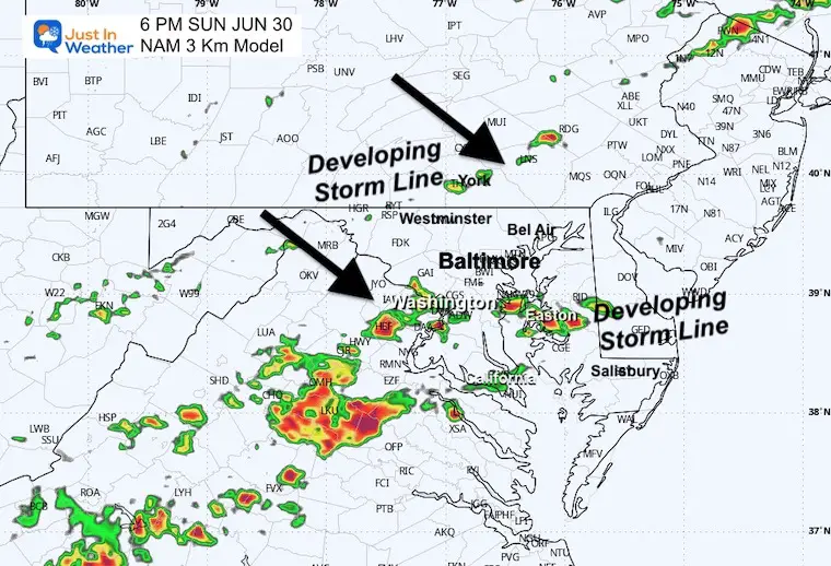 June 29 weather storm radar Sunday NAM evening 6 PM