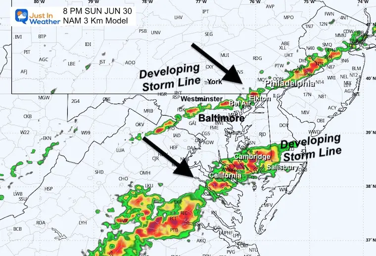June 29 weather storm radar Sunday NAM evening 8 PM