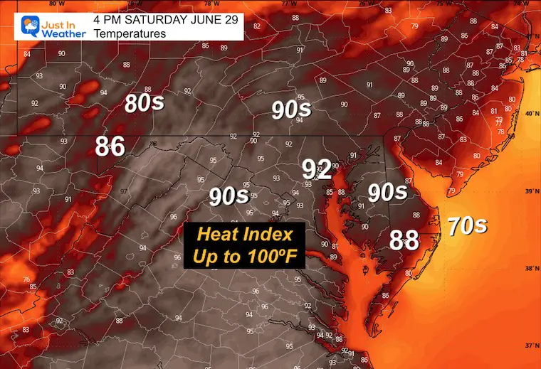 June 29 weather forecast temperatures Saturday afternoon