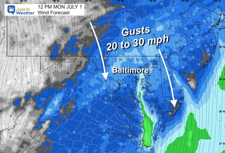 June 30 weather wind forecast Monday afternoon
