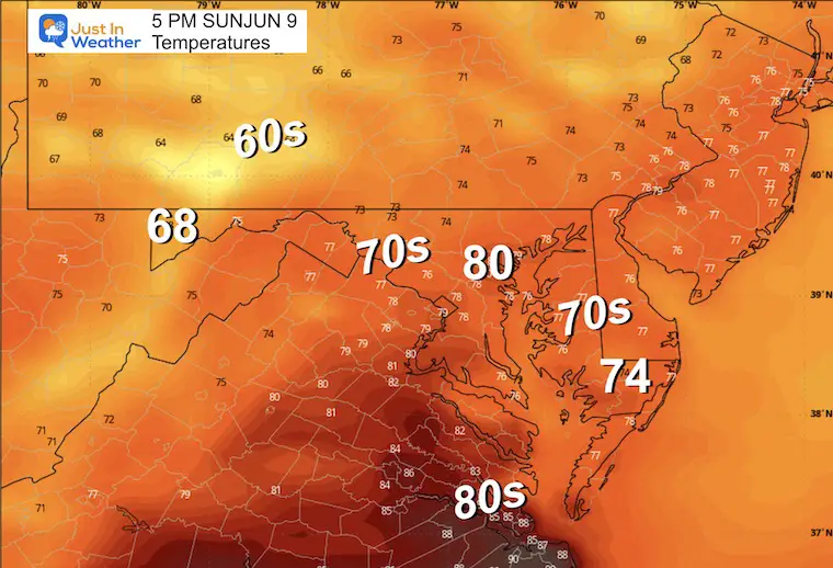 June 8 weather temperatures Sunday afternoon