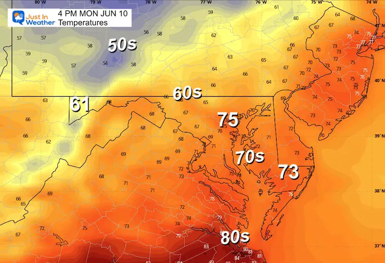 June 9 weather temperatures Monday Afternoon