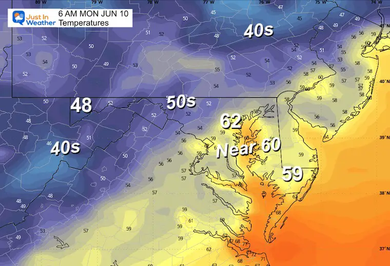 June 9 weather temperatures Monday Morning