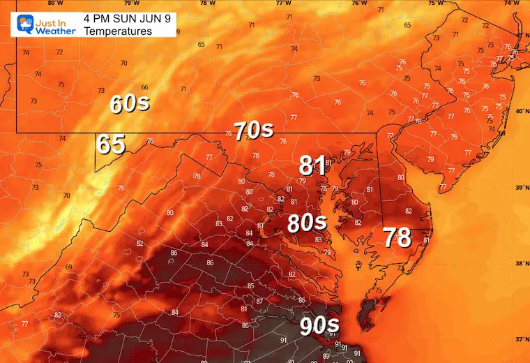 June 9 weather temperatures Sunday afternoon