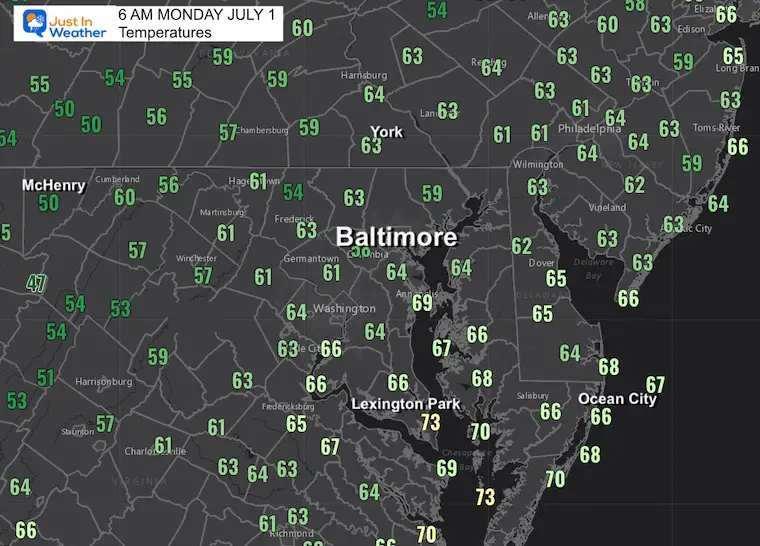 July 1 Weather Map Monday Morning temperatures