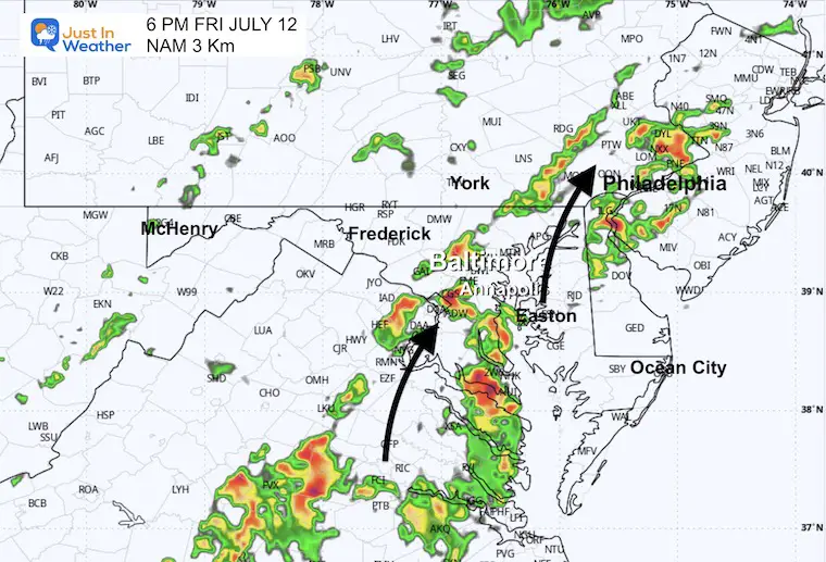 July 12 weather storm radar forecast Friday afternoon 6 PM