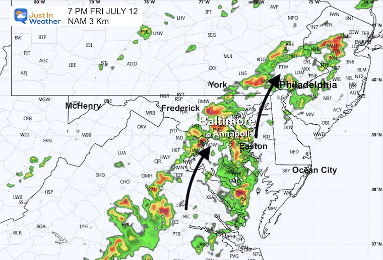 July 12 weather storm radar forecast Friday afternoon 7 PM