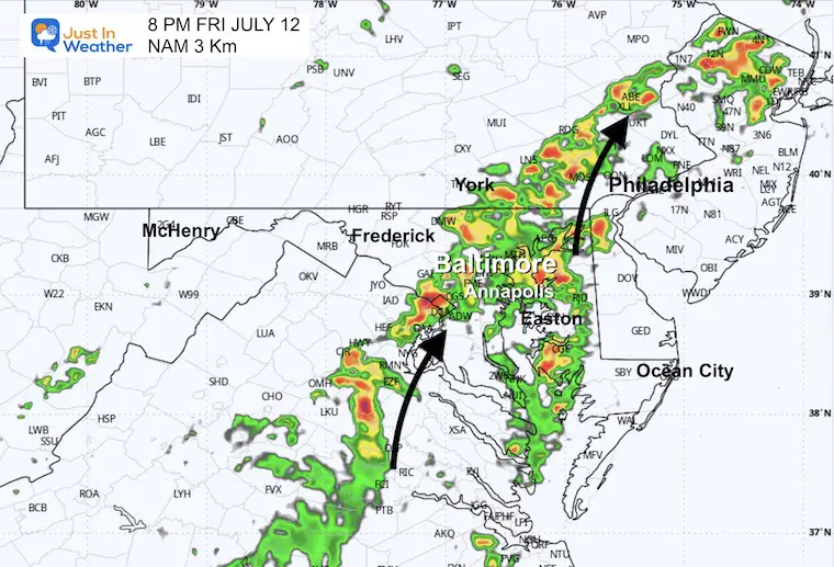 July 12 weather storm radar forecast Friday afternoon 8 PM