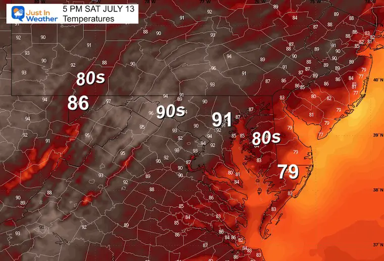 July 13 weather temperatures Saturday afternoon