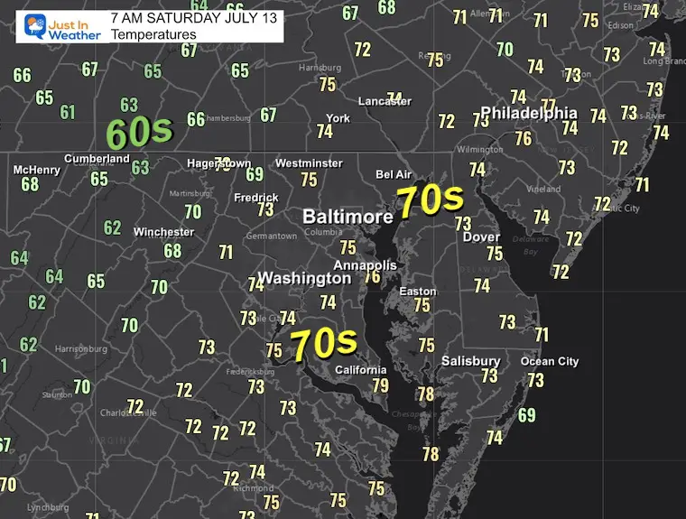 July 13 weather temperatures Saturday morning