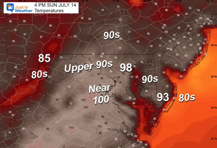 July 13 weather temperatures Sunday afternoon